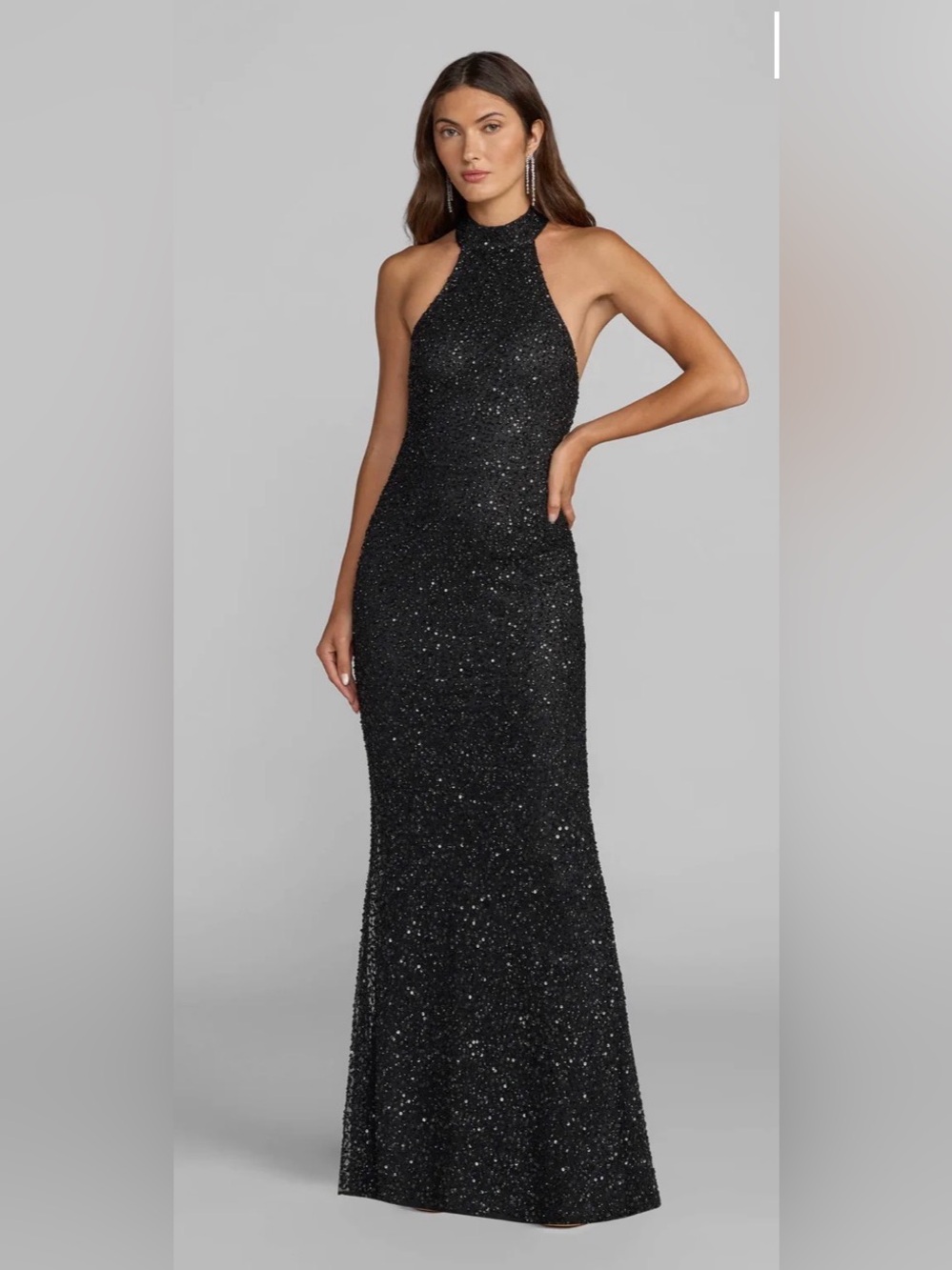 Mac Duggal- 6259 Black Embellished Halter Neck Open Back Column Gown - Size 2
